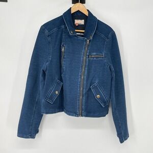 Pilcro Anthropologie Blue Moto Jacket Full Zip Pockets Cotton Blend Size L Biker